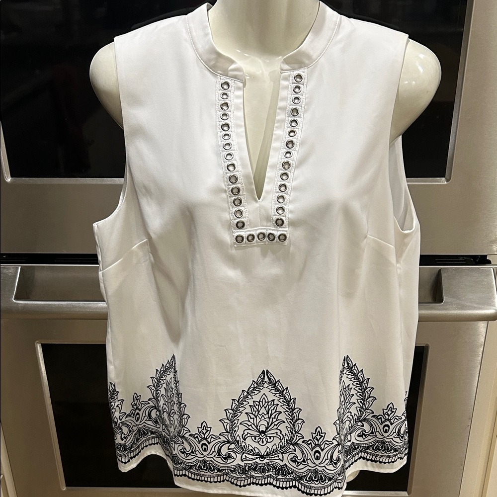 The Limited White Sleeveless Blouse with Black Embroidery